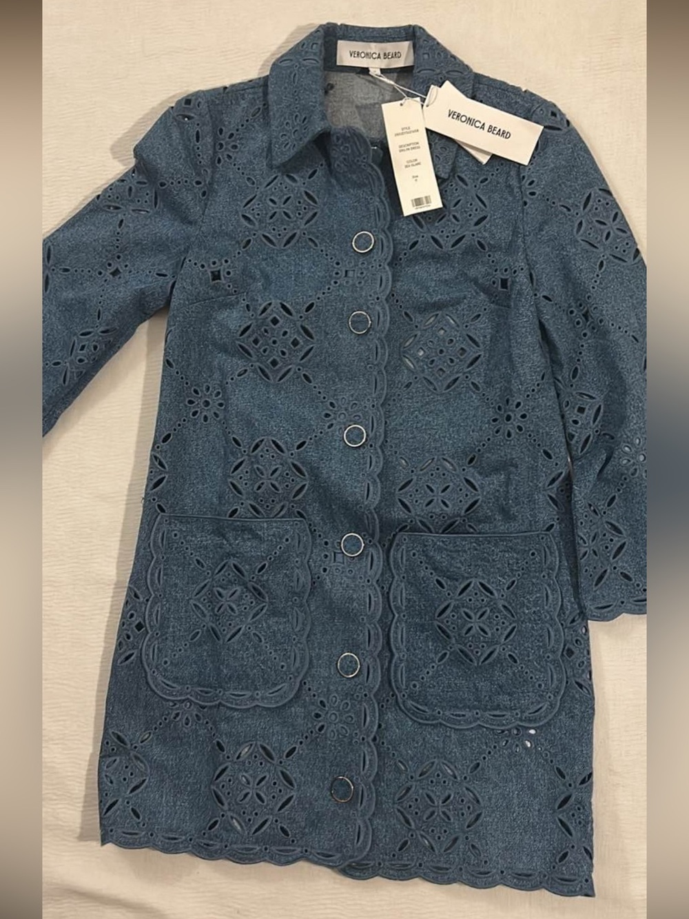 Veronica Beard Denim Blue Eyelet Trench Coat